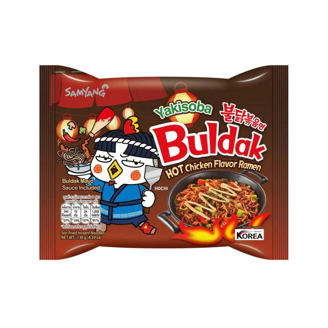 Sweet Palace Buldak Ramen Yakisoba flavor in a packaged ramen noodle bowl with spicy seasoning and noodles ready to eat.