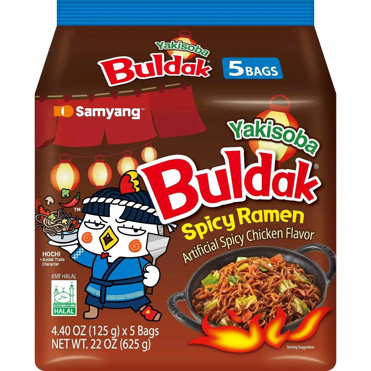 Sweet Palace Buldak Ramen Yakisoba Flavor 5-pack, spicy instant ramen noodles with vibrant packaging and cooked ready to enjoy.