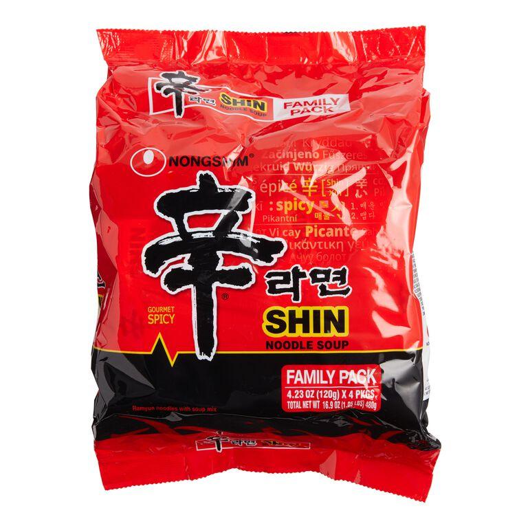 Four-pack of Sweet Palace Shin Ramen Original Flavor instant noodles, featuring steaming bowls of spicy and savory ramen.