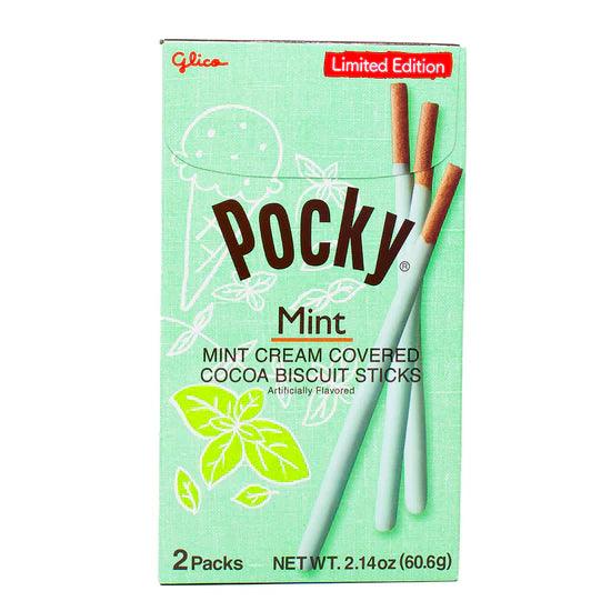 Imported Pocky Mint snacks from Sweet Palace, showing chocolate-coated biscuit sticks with a mint flavor coating.