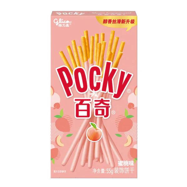 Imported Pocky Peach snack by Sweet Palace, showing crispy biscuit sticks coated with peach-flavored chocolate glaze.