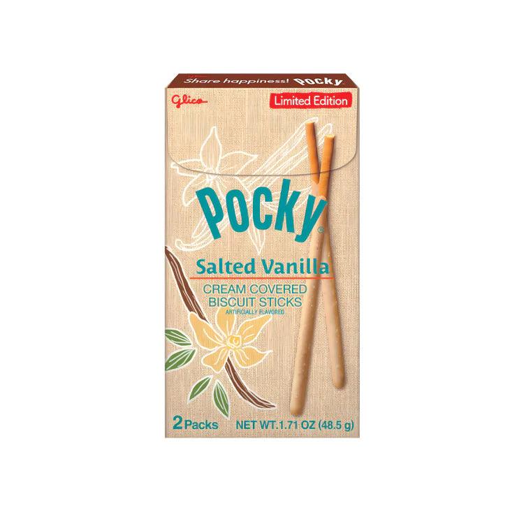 Imported Pocky Salted Vanilla snacks by Sweet Palace, showing crunchy biscuit sticks coated with vanilla and salted flavor