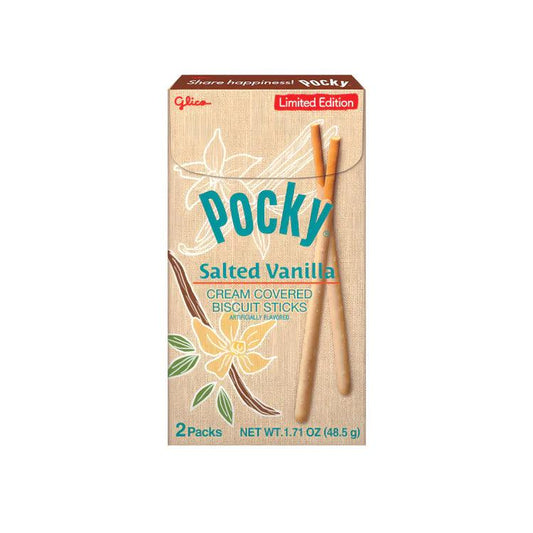 Imported Pocky Salted Vanilla snack sticks by Sweet Palace, featuring vanilla-flavored biscuit sticks with salted coating.