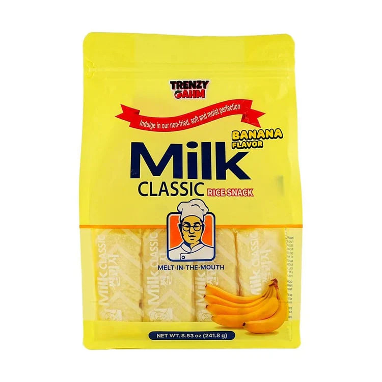 Sweet Palace Milk Classic Rice Snack in banana flavor, 8.53oz bag, showing the snack's colorful banana-flavored rice pieces.