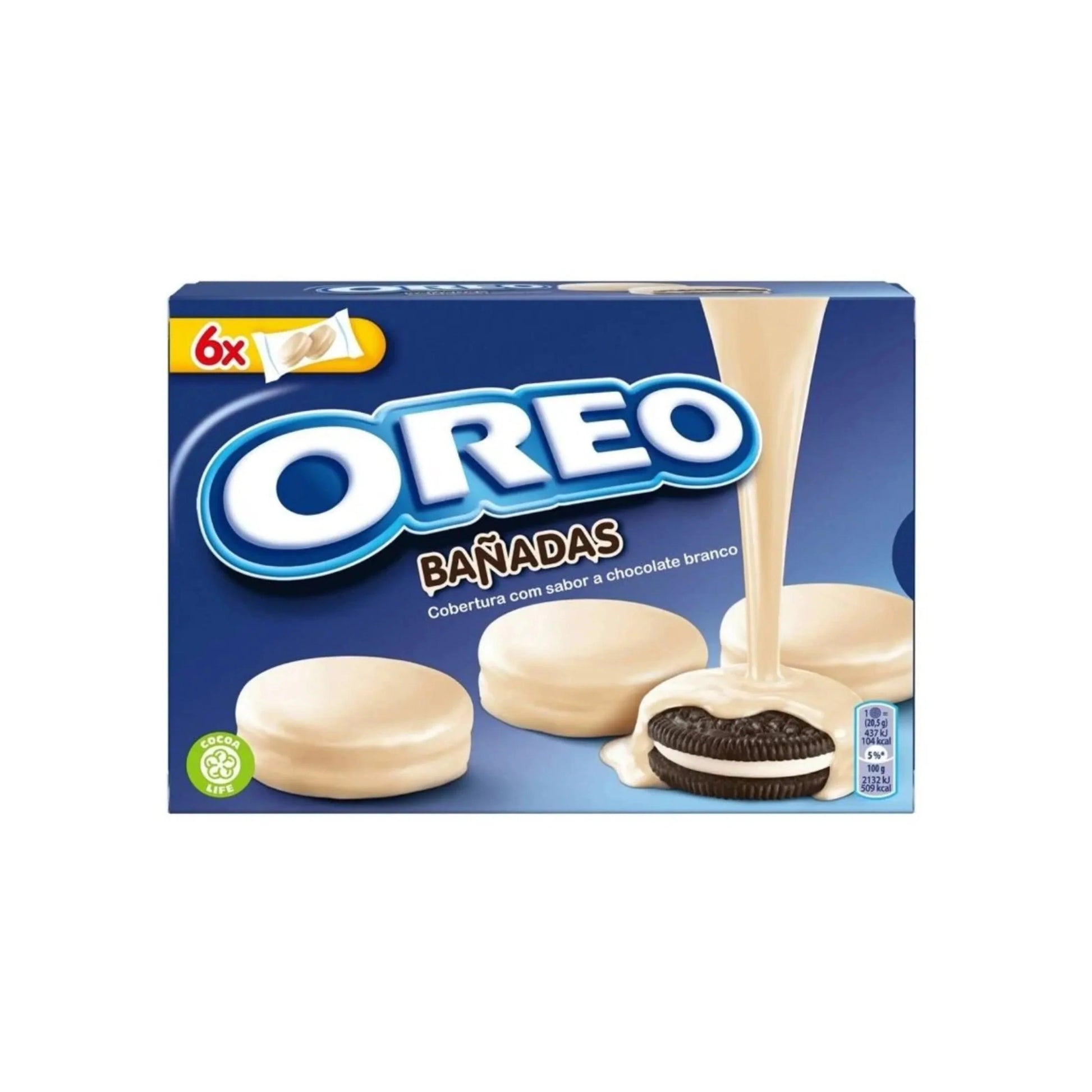 Sweet Palace Oreo Banadas Vanilla snacks in a 6-pack, featuring crispy banana-flavored treats with vanilla coating.
