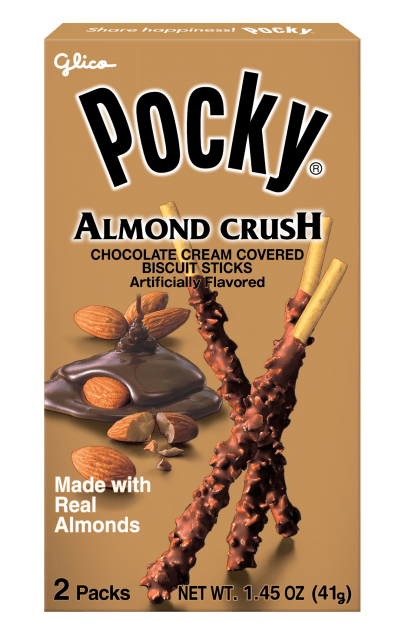 Sweet Palace Pocky Almond Crush snacks, showing crunchy biscuit sticks coated with almond-flavored chocolate.