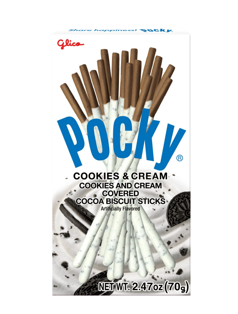 Sweet Palace Pocky Cookies & Cream snacks with chocolate-coated biscuit sticks on a white background.