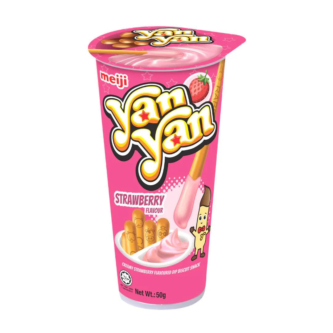 Sweet Palace Yan-Yan Strawberry snacks in a colorful tube, featuring crispy biscuit sticks with strawberry-flavored cream.