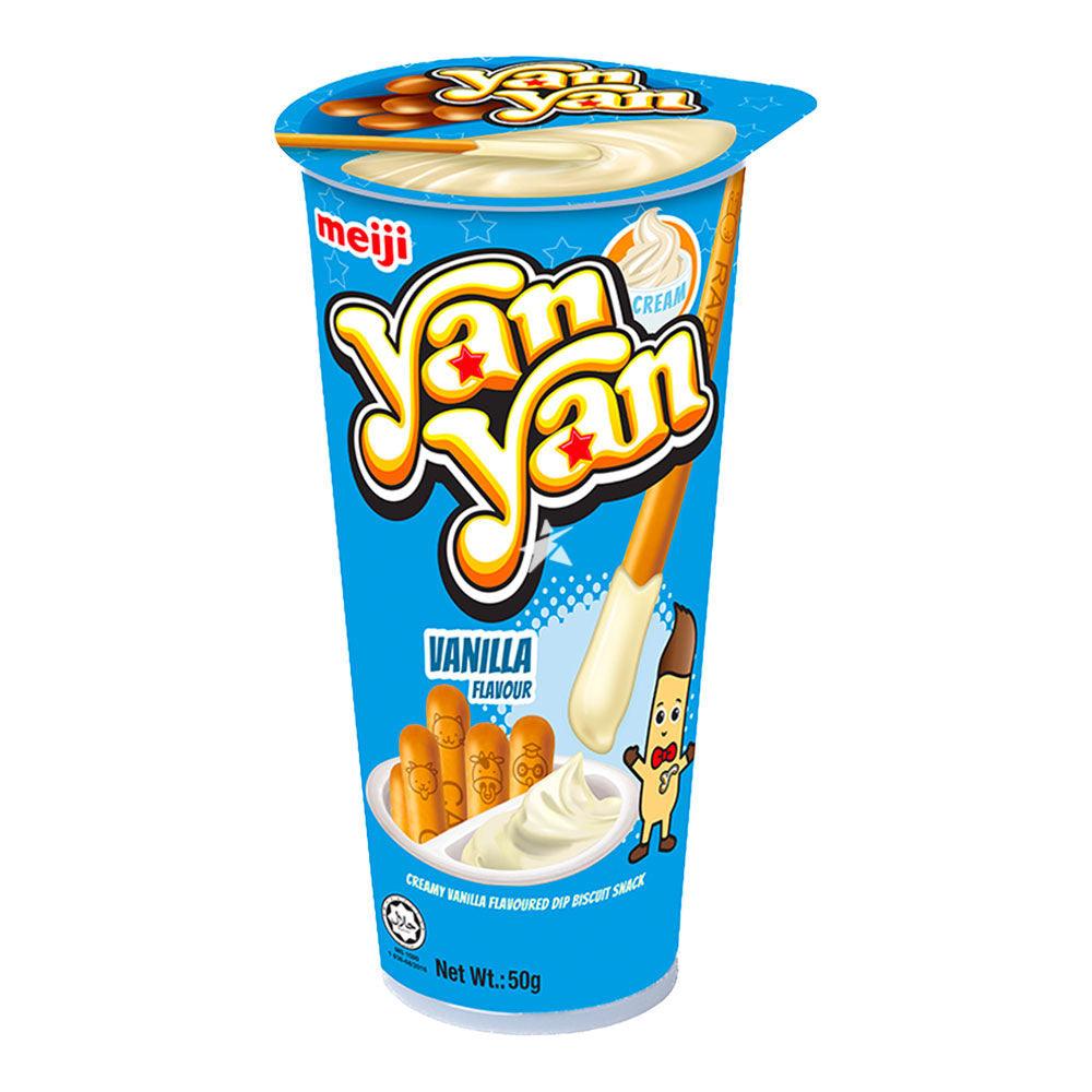 Yan-Yan Vanilla snacks by Sweet Palace, featuring vanilla-flavored biscuit sticks with creamy filling, displayed in a close-up shot.