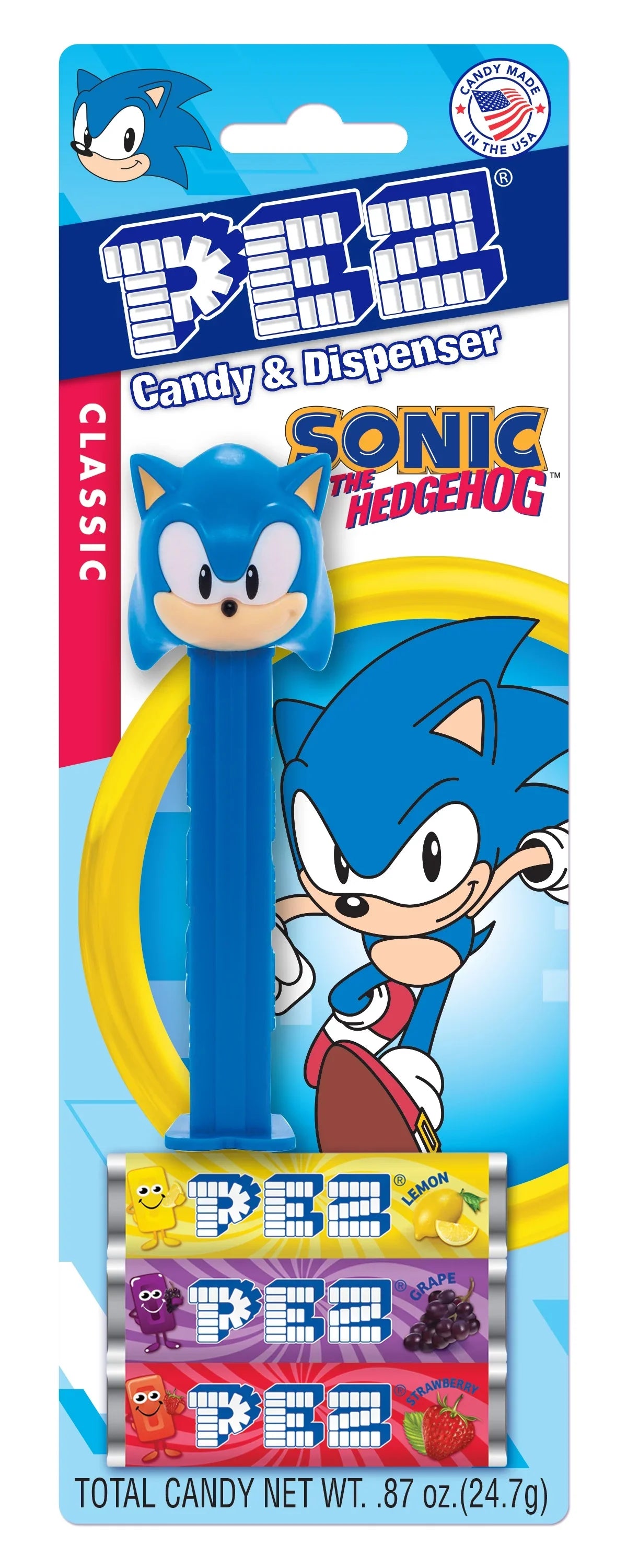 PEZ Sonic the Hedgehog collectible candy dispenser by Sweet Palace, featuring Sonic's iconic blue hedgehog design.
