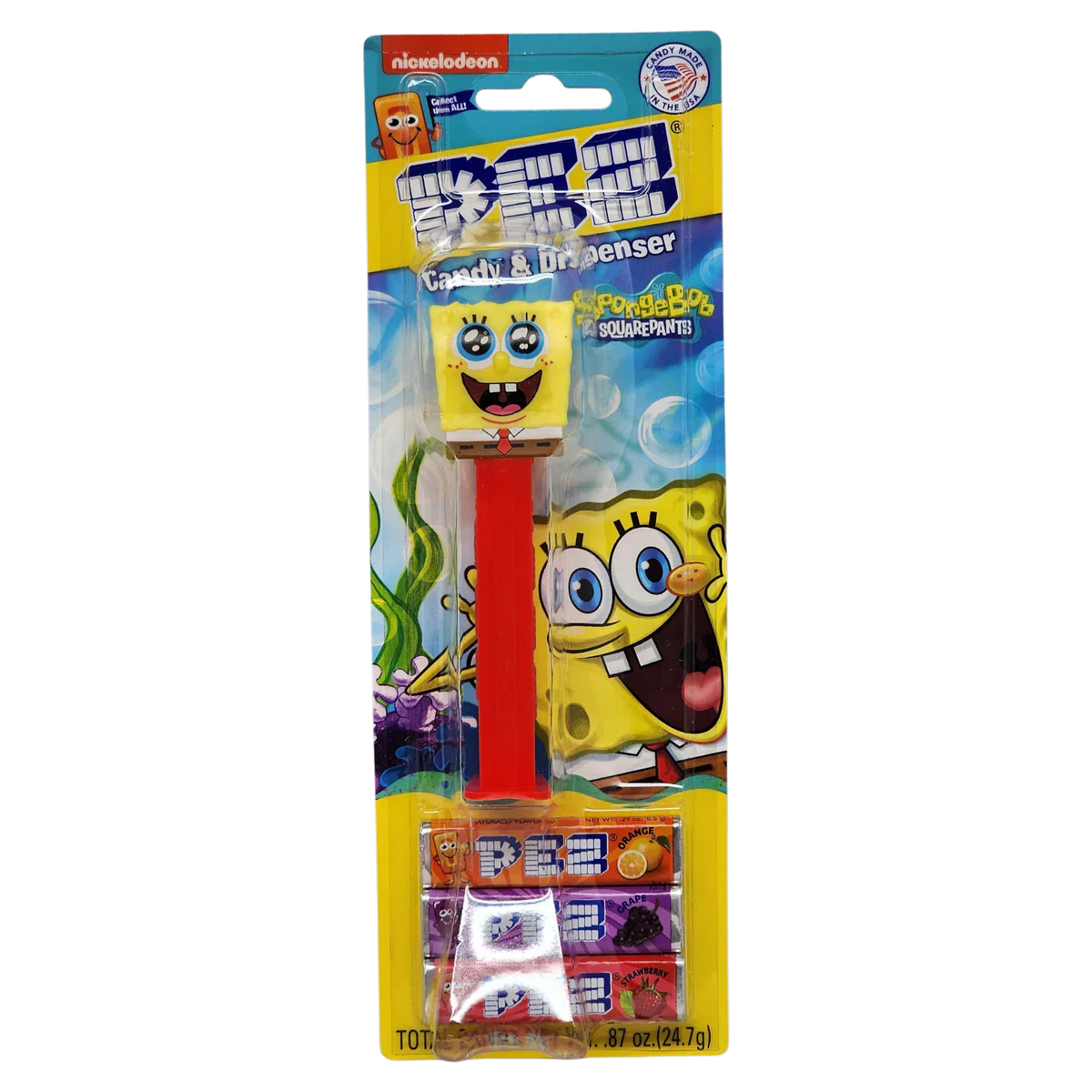 PEZ SpongeBob Squarepants candy dispenser with sparkling eyes from Sweet Palace, featuring SpongeBob's cartoon character design.