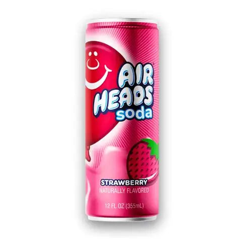Strawberry Airheads Soda by Sweet Palace in a clear glass bottle with colorful label.