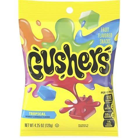 Sweet Palace Tropical Gushers fruit snacks with colorful chewy gummy candies in vibrant tropical flavors.