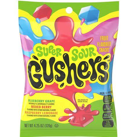 Tropical Gushers fruit snacks by Sweet Palace, colorful chewy candies with a tropical fruit flavor, displayed in a clear bag.