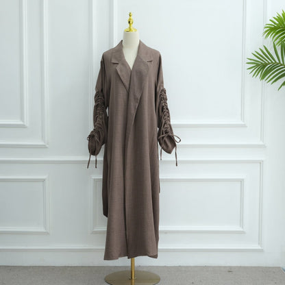 Tailored Blazer Cardigan with Ruched Sleeves | Open-Front Twill Blend Jacket(MOA246)