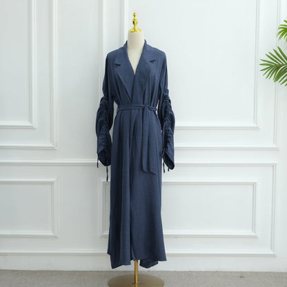 Tailored Blazer Cardigan with Ruched Sleeves | Open-Front Twill Blend Jacket(MOA246)