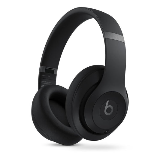Refurbished Beats Studio Pro over-ear headphones with sleek black design and cushioned ear cups, displayed on a white background.