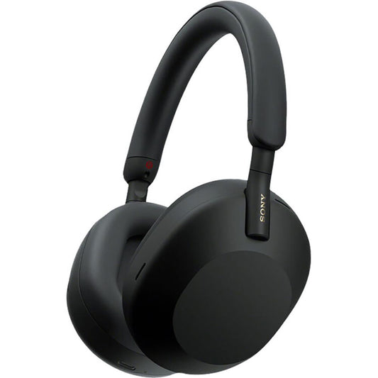 Refurbished Sony WH-1000XM5 noise-canceling over-ear headphones with sleek black design, wireless ear cups, and adjustable headband.