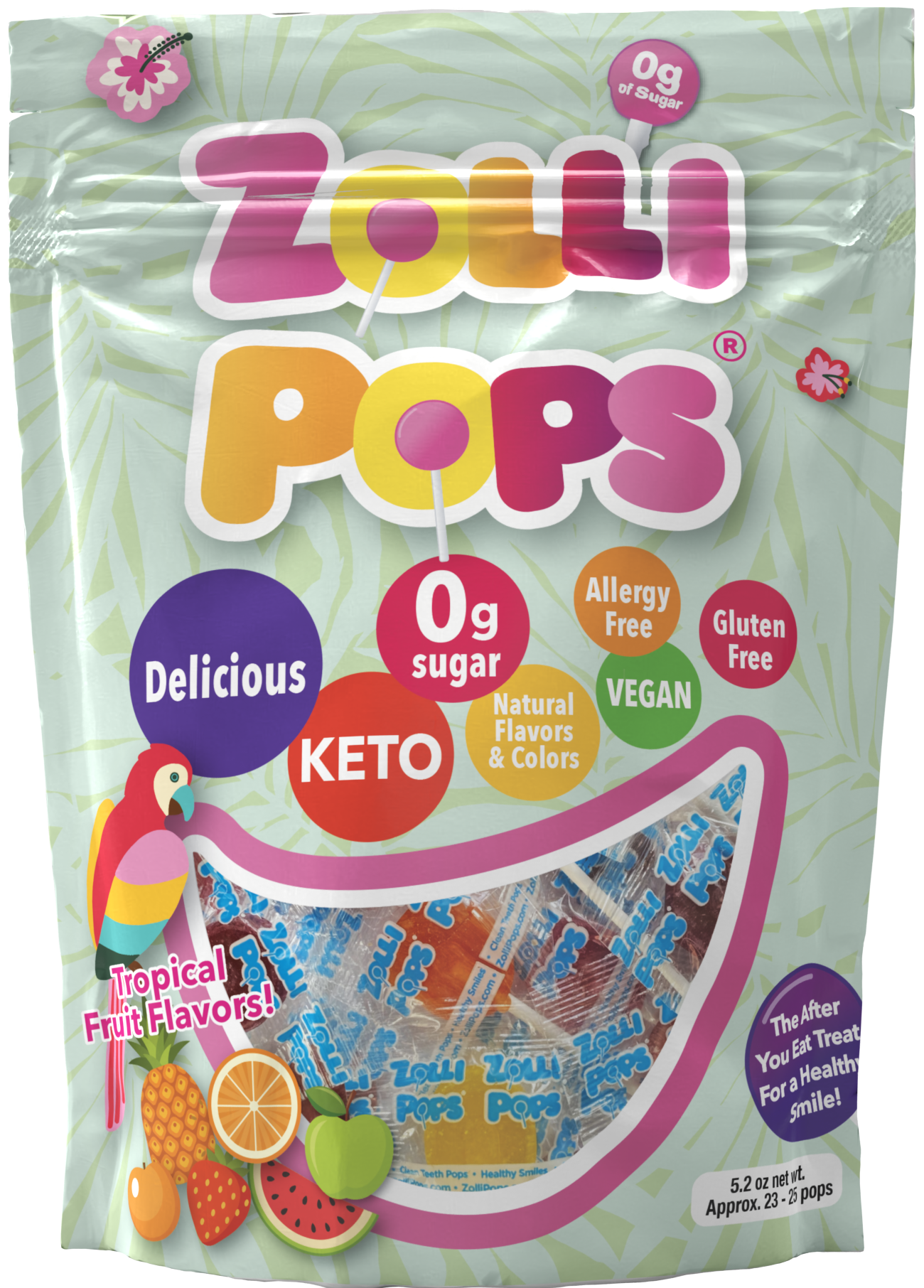 Zero sugar Tropical Zollipops from The Autism Store in a 2oz pouch, designed to clean teeth and freshen breath naturally.