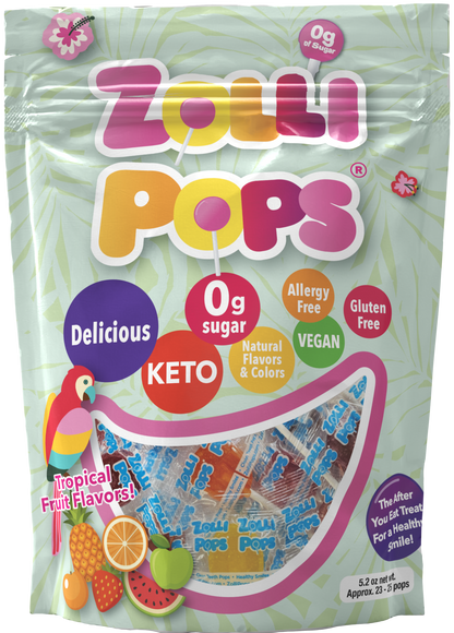 Zero sugar Tropical Zollipops from The Autism Store in a 2oz pouch, designed to clean teeth and freshen breath naturally.