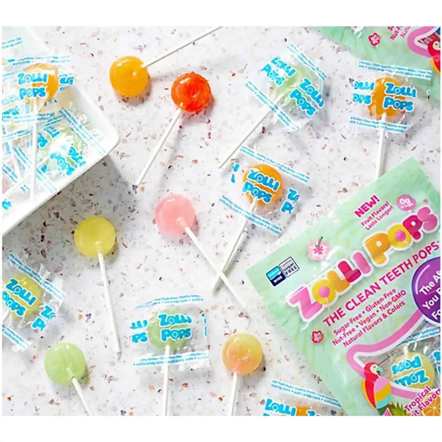 Zero sugar Tropical Zollipops from The Autism Store in a 2oz pouch, promoting clean teeth and fresh flavor.