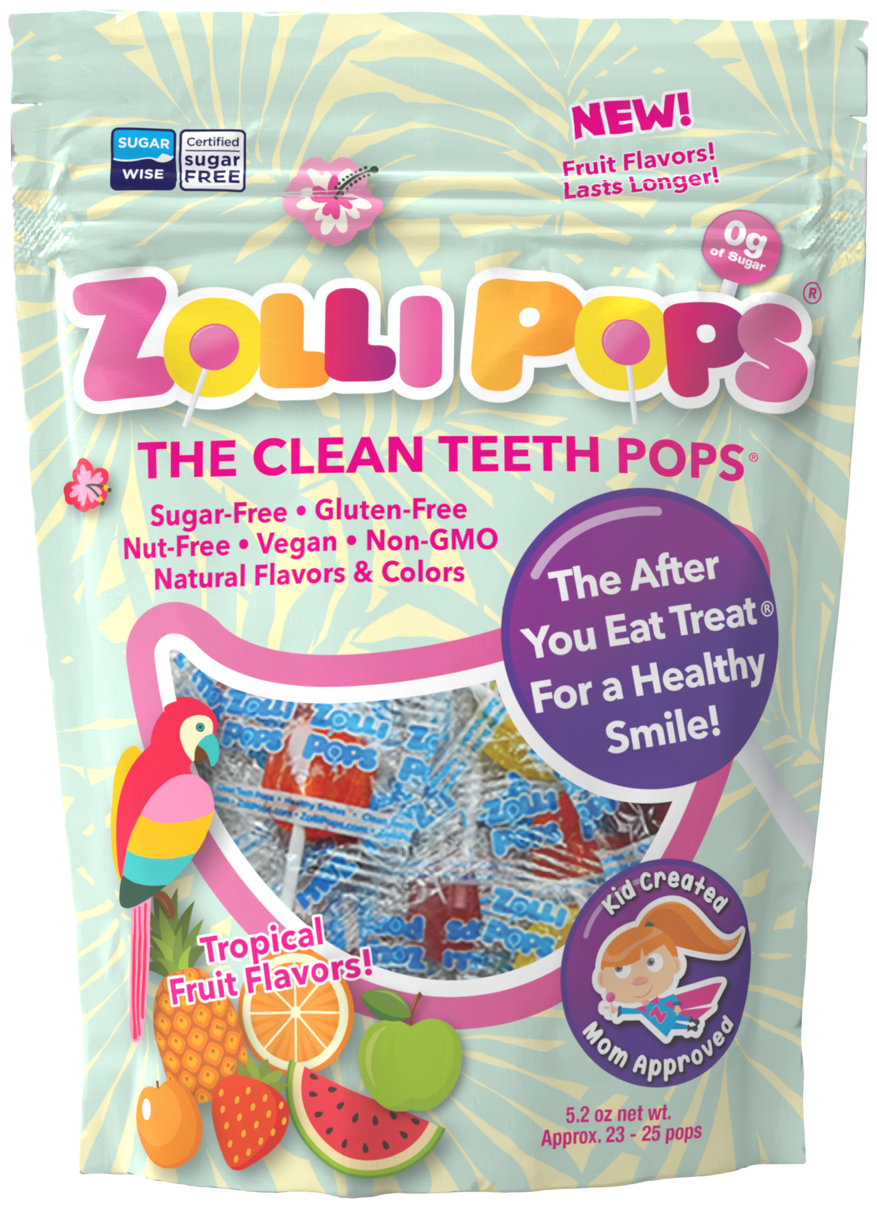 Zero sugar Tropical Clean Teeth Zollipops in a 2oz pouch from The Autism Store, featuring colorful lollipops with tropical flavor.