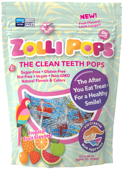 Zero sugar Tropical Clean Teeth Zollipops in a 2oz pouch from The Autism Store, featuring colorful lollipops with tropical flavor.
