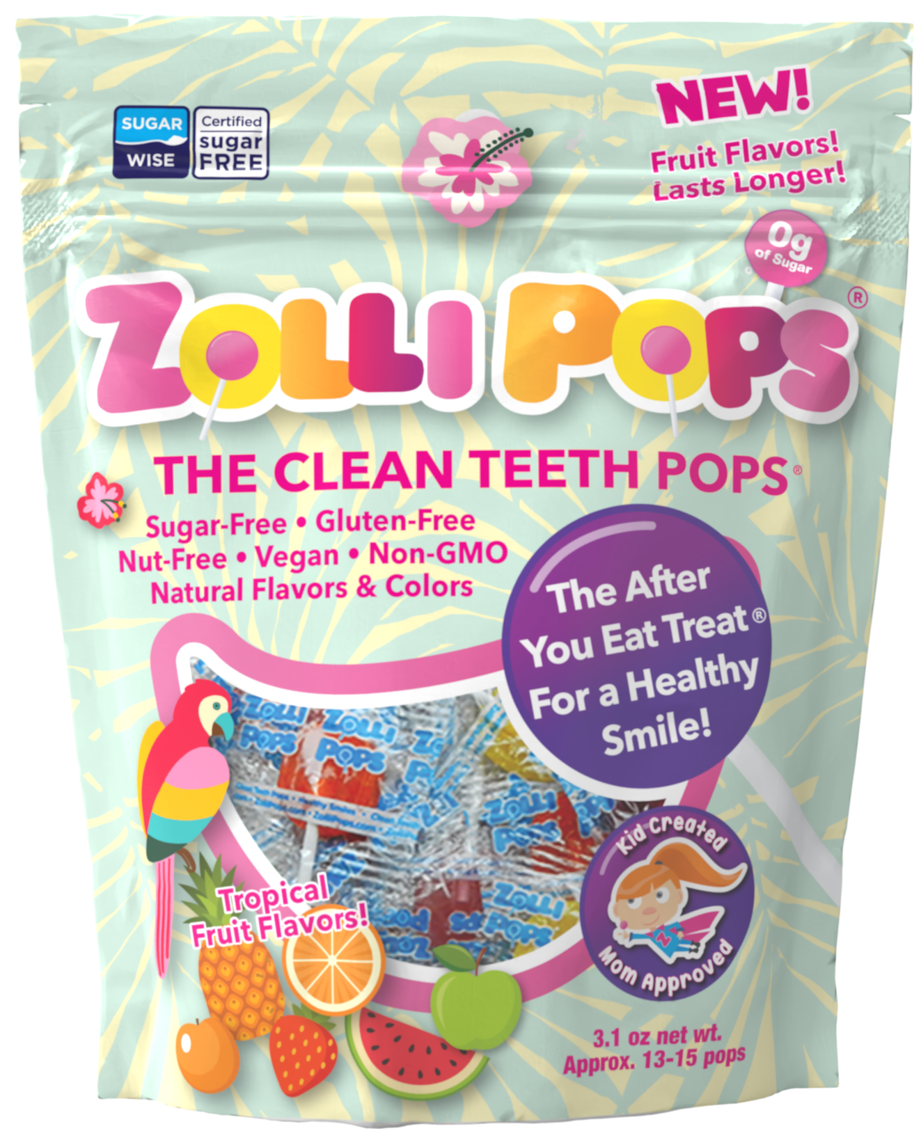 Zero sugar Tropical Zollipops from The Autism Store in a 2oz pouch, featuring colorful lollipops for clean teeth and fresh breath.