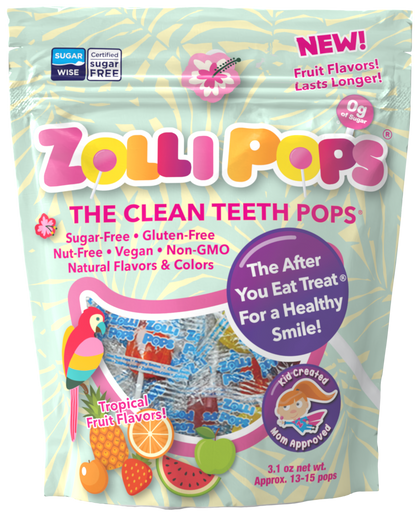 Zero sugar Tropical Zollipops from The Autism Store in a 2oz pouch, featuring colorful lollipops for clean teeth and fresh breath.