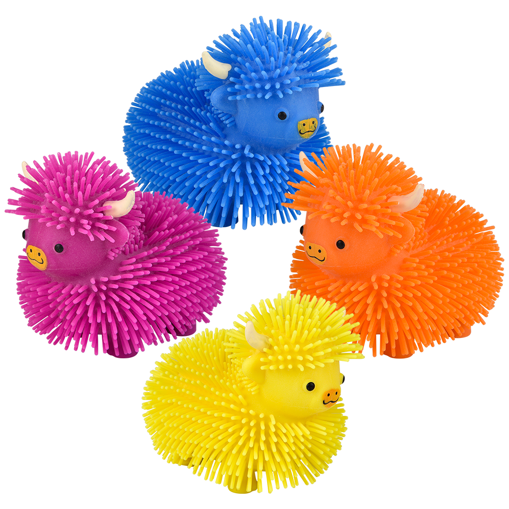 Blue 4-inch Highland Cow Puffer plush toy from The Autism Store, featuring detailed stitching and a soft, cuddly texture.