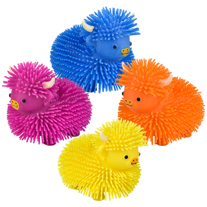 Blue 4-inch Highland Cow Puffer plush toy from The Autism Store, featuring detailed stitching and a soft, cuddly texture.