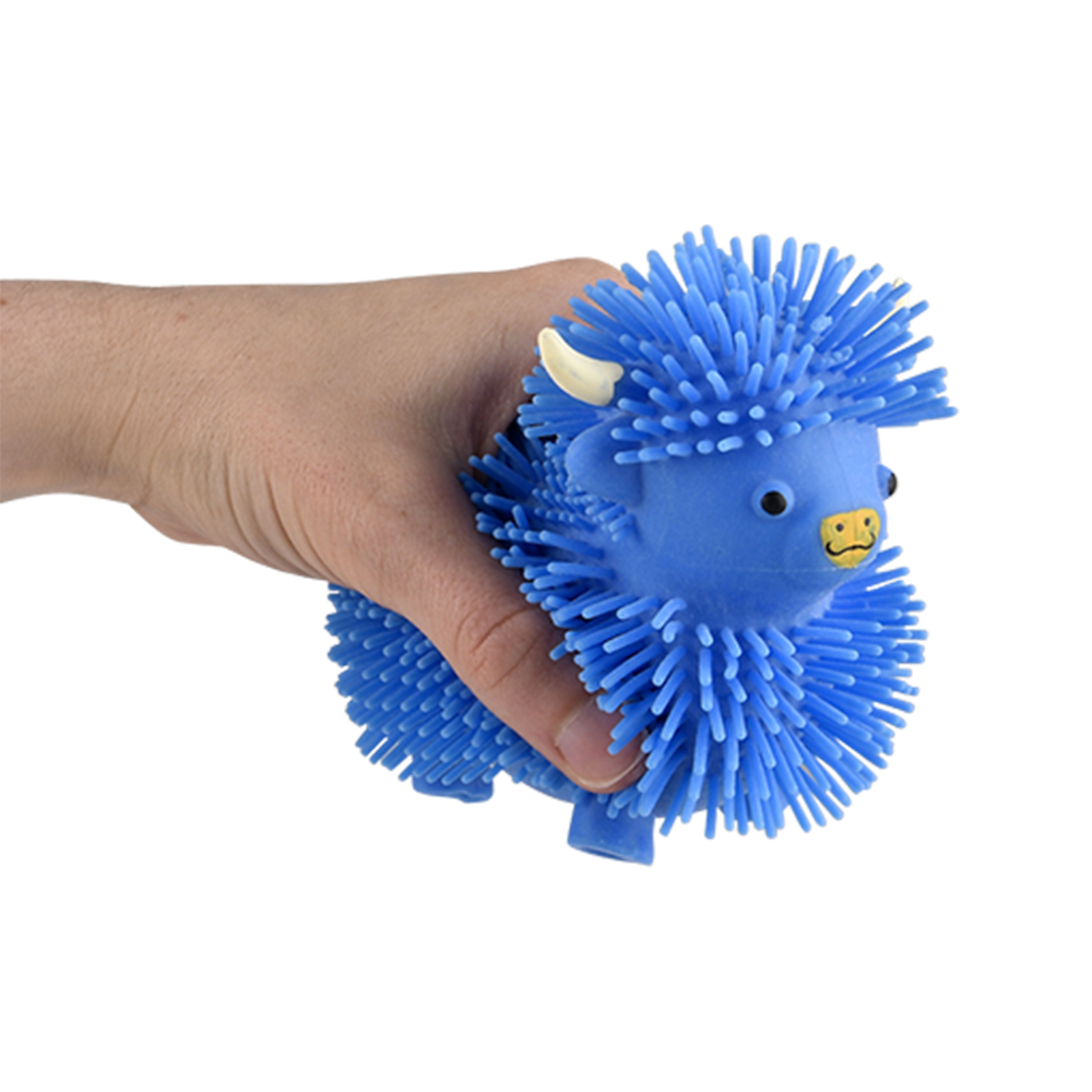 Blue 4-inch Highland Cow Puffer plush toy from The Autism Store featuring soft fabric and detailed Highland Cow design.