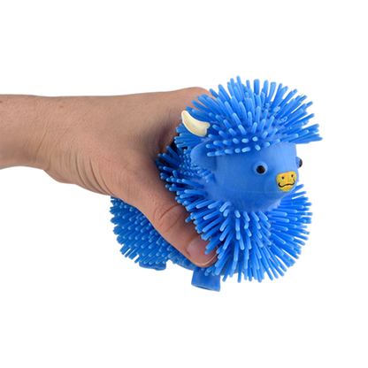 Blue 4-inch Highland Cow Puffer plush toy from The Autism Store featuring soft fabric and detailed Highland Cow design.