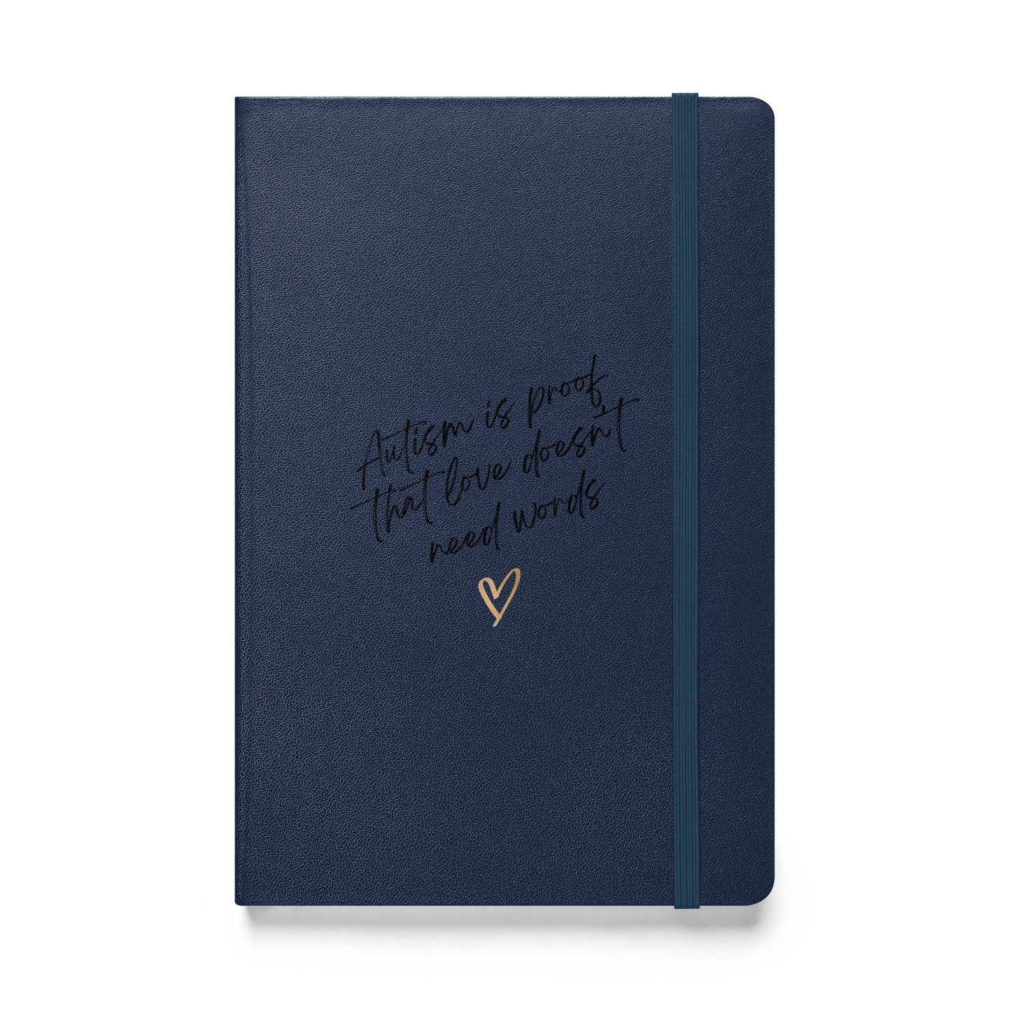 Navy Love Doesn't Need Words Notebook by The Autism Store, featuring a cover design with inspiring text and graphics.