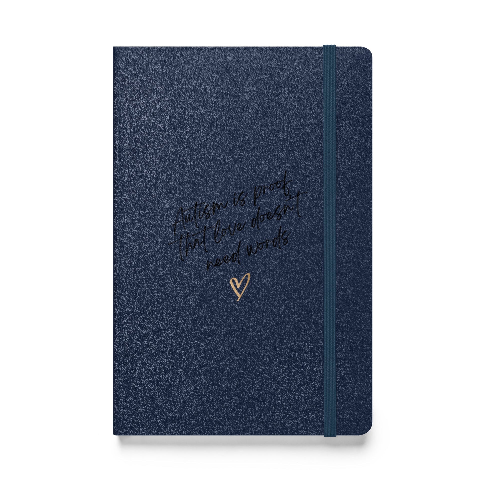 Navy Love Doesn't Need Words Notebook by The Autism Store, featuring a cover design with inspiring text and graphics.