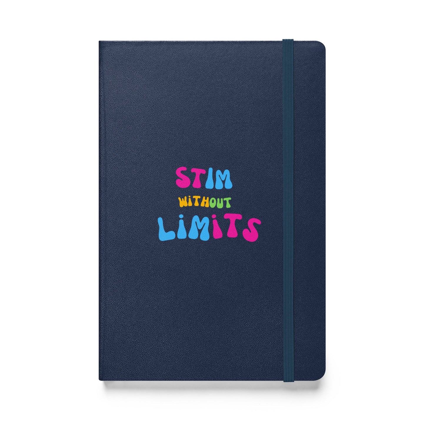 Navy autism notebook titled "Stim Without Limits" by The Autism Store, featuring a colorful cover with educational design elements.