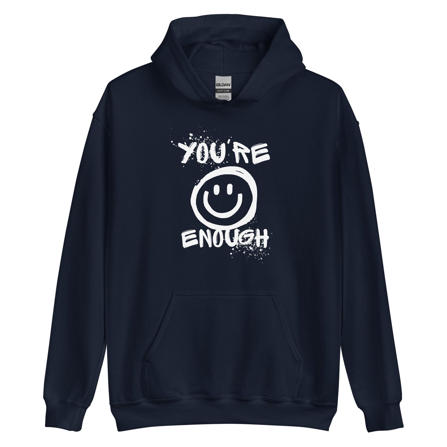 Unisex white hoodie from The Autism Store with "You're Enough" logo, casual clothing with a comfortable fit.