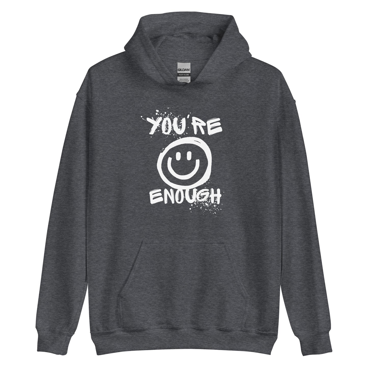 White "You're Enough" unisex hoodie by The Autism Store featuring a black logo, comfortable unisex clothing for all.