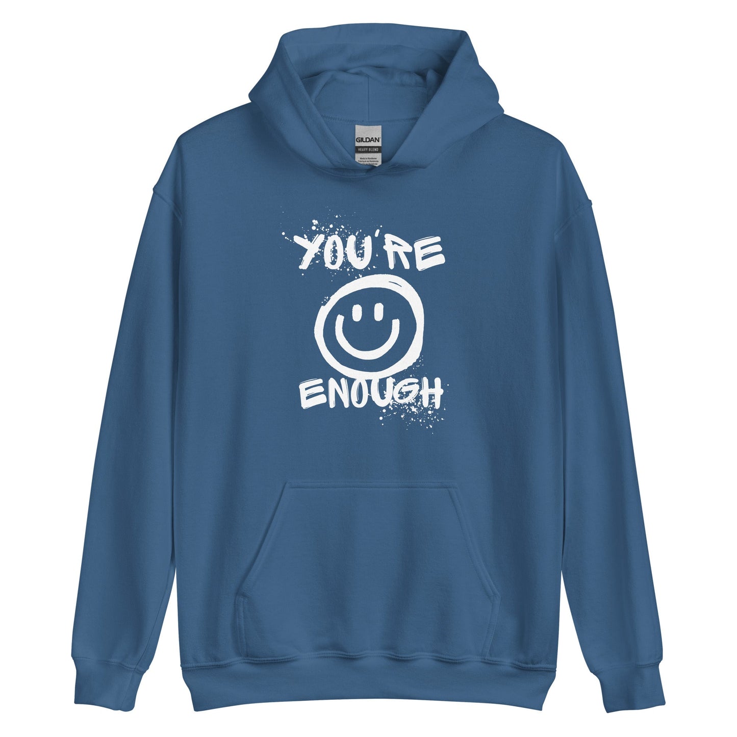 Unisex white hoodie with "You're Enough" logo from The Autism Store, casual clothing on a plain background.