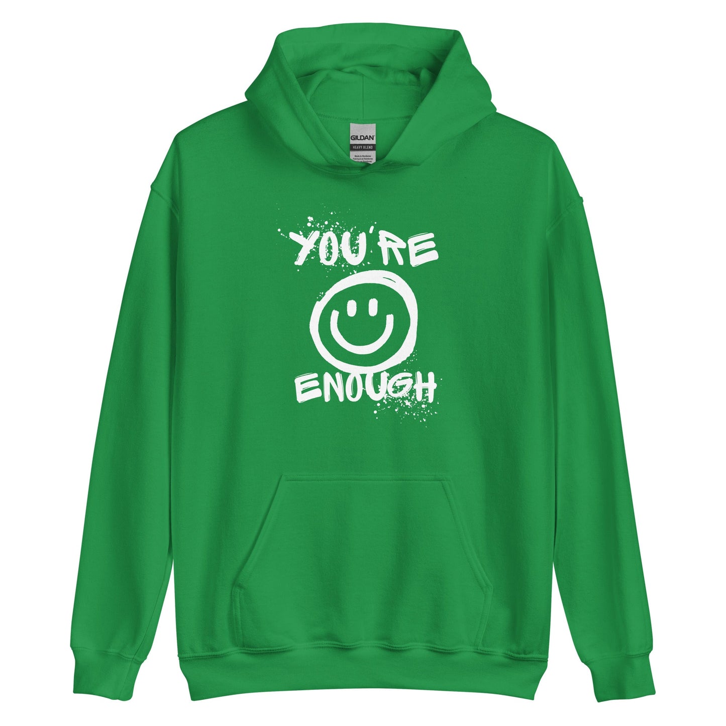 White "You're Enough" unisex hoodie by The Autism Store with black logo, casual clothing perfect for everyday wear.