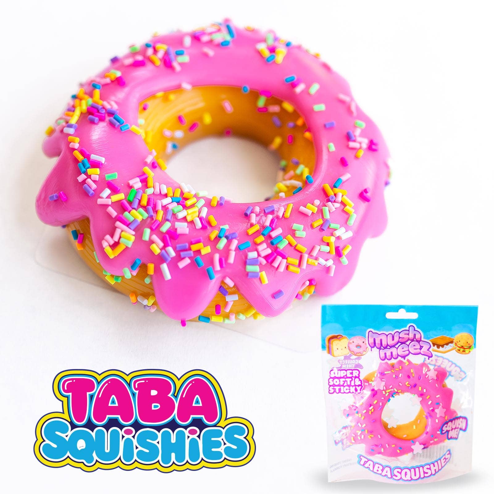 Colorful MushMeez Taba Squishies food assortment including donuts and snacks from The Autism Store, soft, cute, and squeezable.