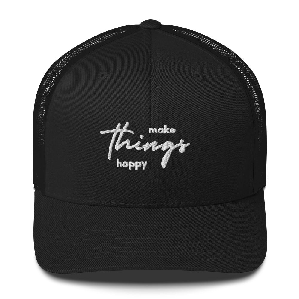 Black Autism Trucker Cap by The Autism Store with "Make Things Happy" slogan, featuring a curved brim and adjustable snapback.