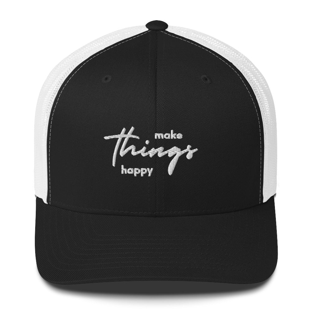 Black autism trucker cap from Make Things Happy by The Autism Store with embroidered text and adjustable mesh back.