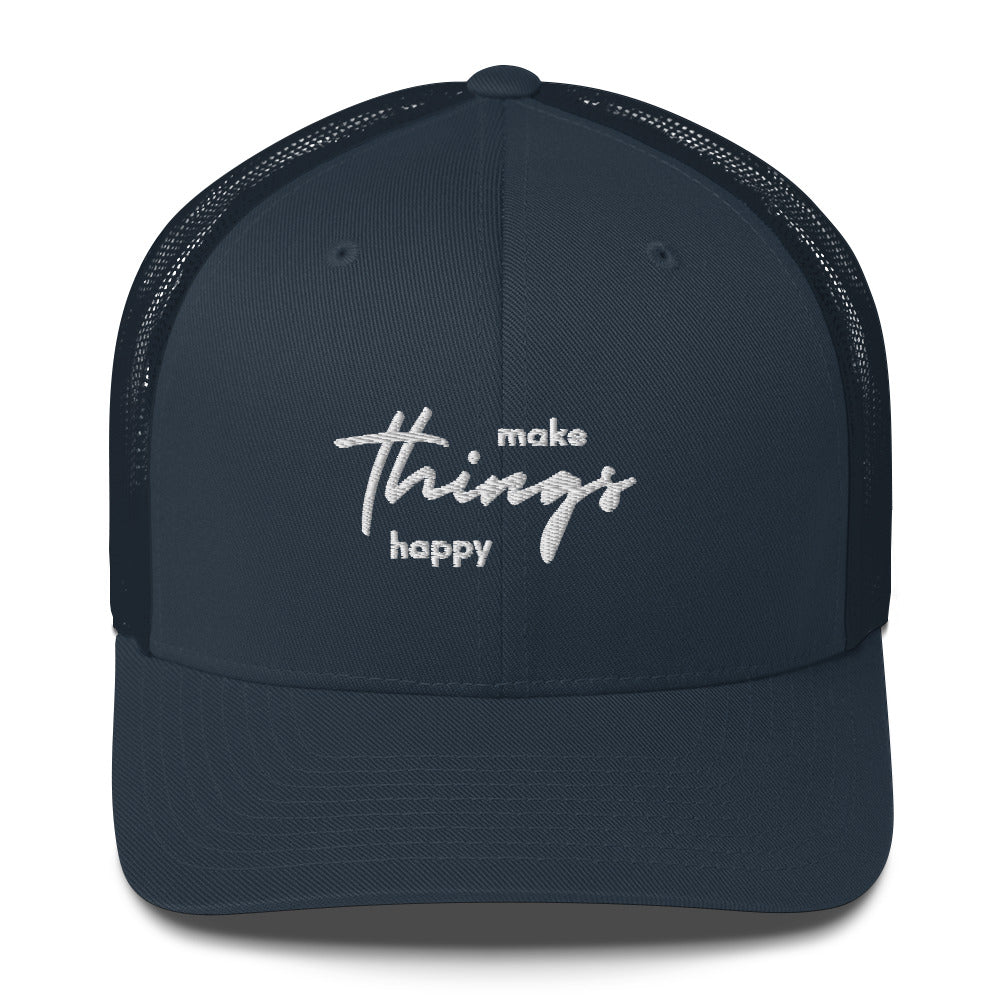 Black autism trucker cap from Make Things Happy by The Autism Store featuring a curved brim and adjustable snapback for a comfortable fit.