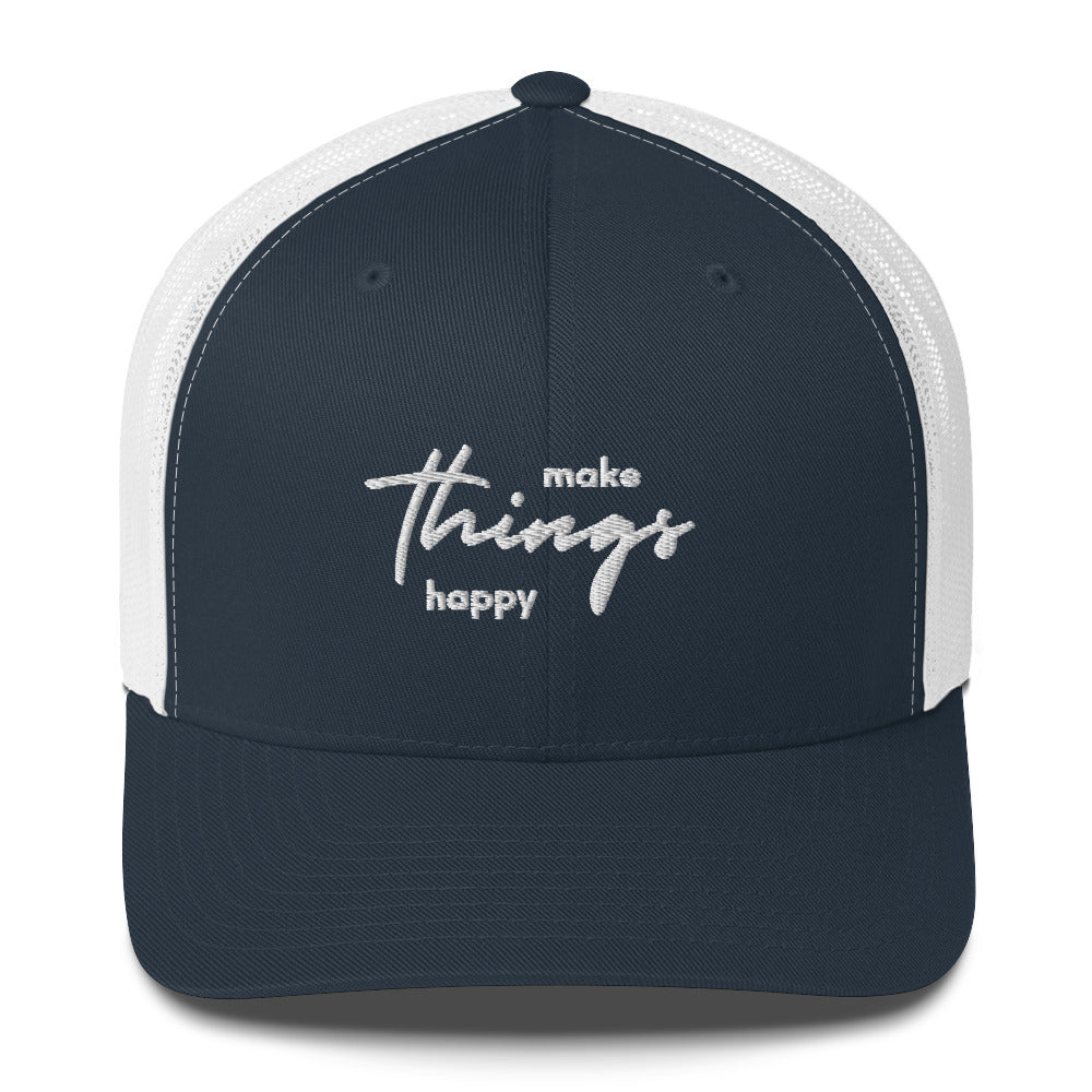 Black autism trucker cap with "Make Things Happy" slogan and colorful puzzle piece design, from The Autism Store.