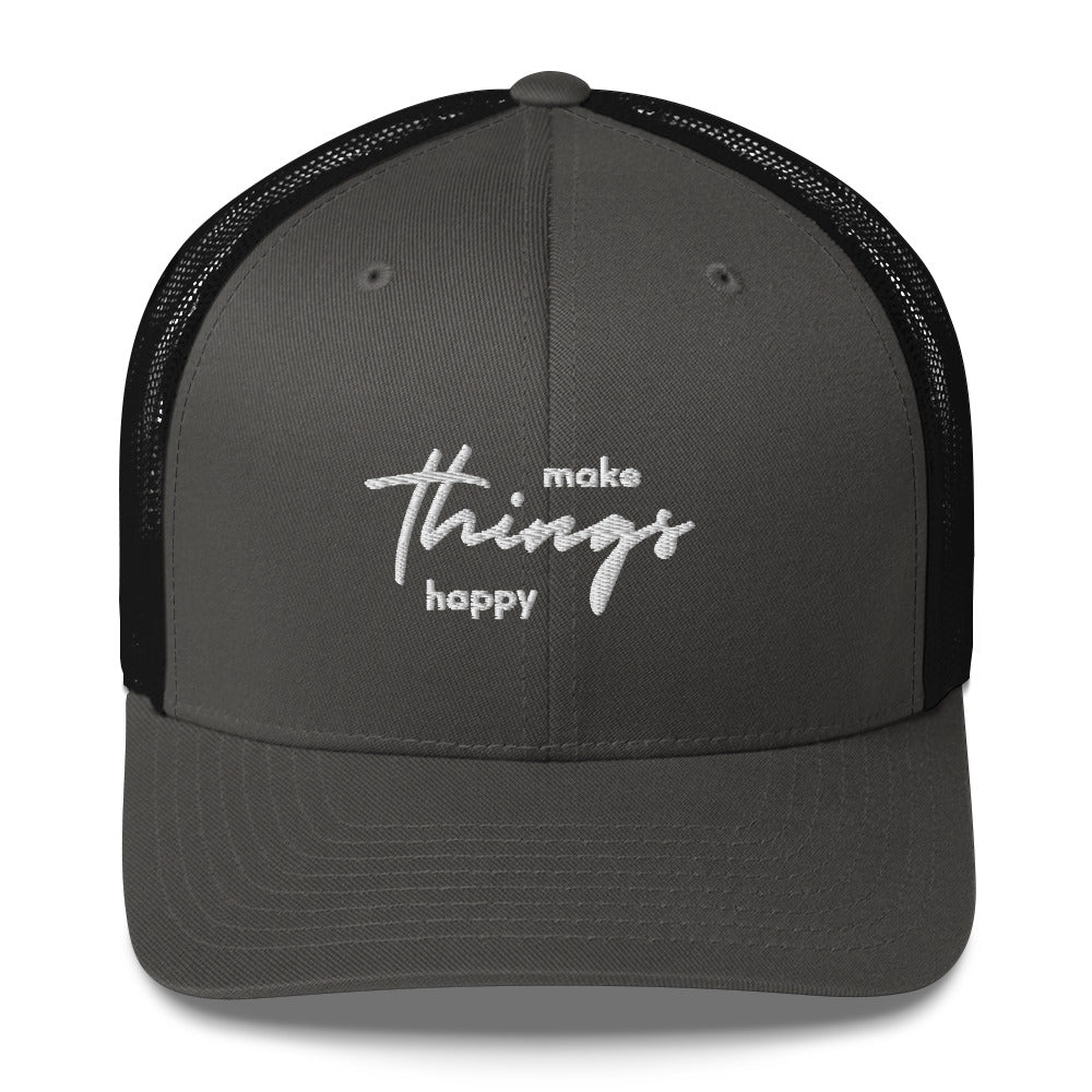 Black Autism Trucker Cap by Make Things Happy from The Autism Store, featuring a curved brim and adjustable snapback design.
