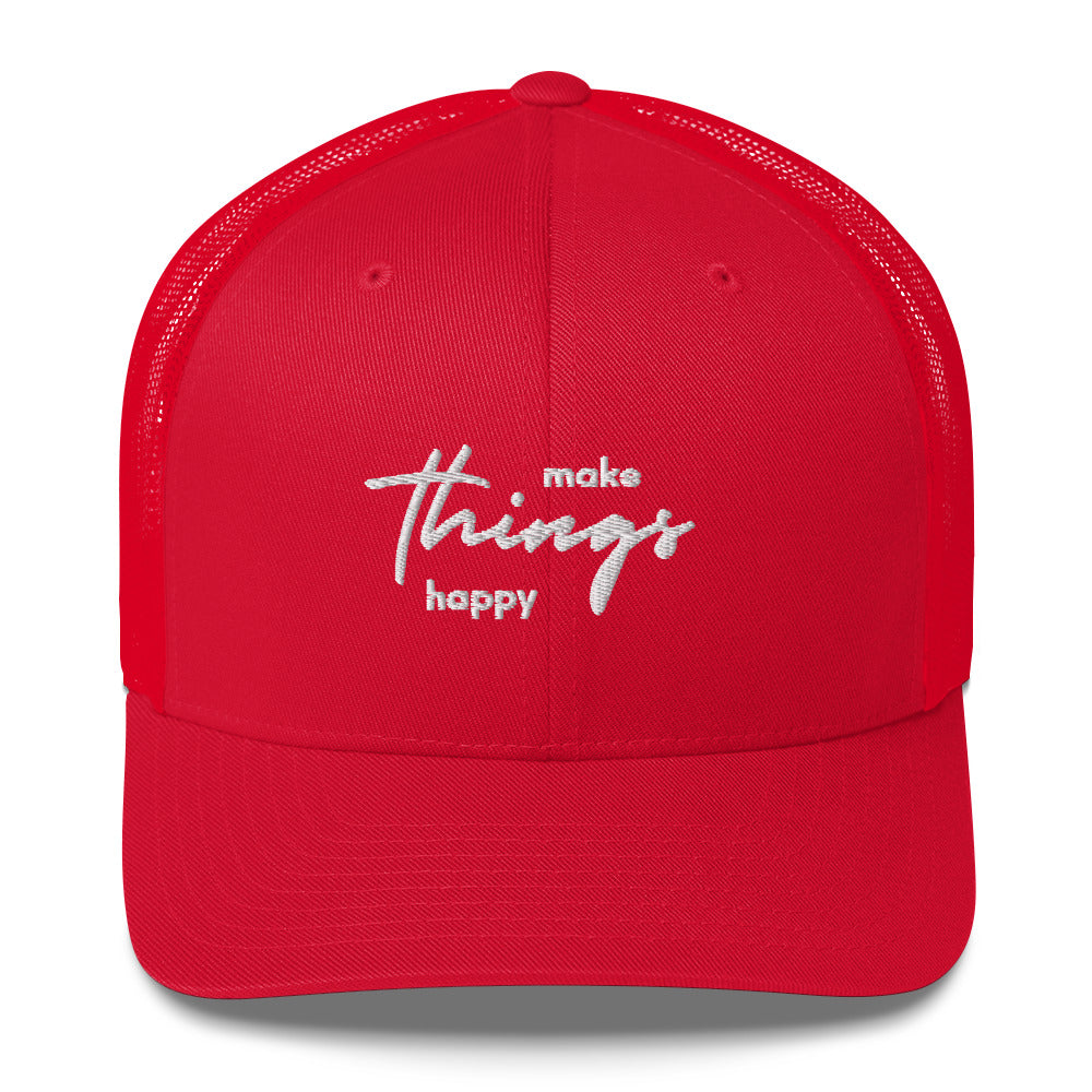 Black Autism Trucker Cap by Make Things Happy featuring a curved brim and adjustable snapback, designed for autism awareness.