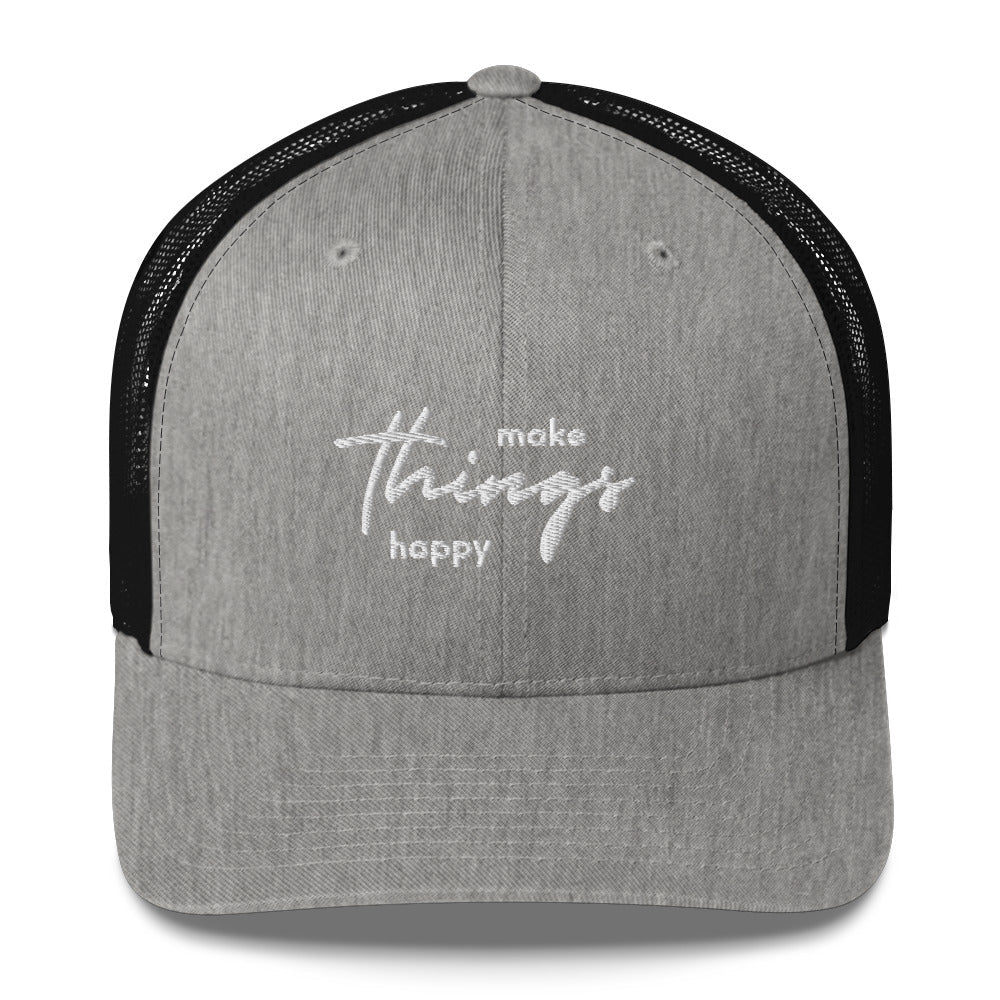 Black Autism Trucker Cap by Make Things Happy from The Autism Store, featuring a curved brim and adjustable snapback closure.