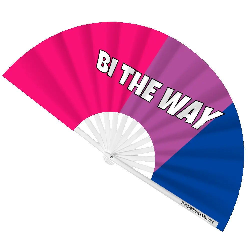 Hand fan by The Gay Fan Club featuring colorful "Bi the Way" design, perfect for supporting bisexual pride and expression.