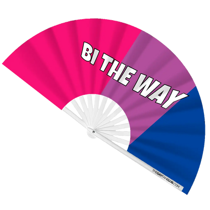 Hand fan by The Gay Fan Club featuring colorful "Bi the Way" design, perfect for supporting bisexual pride and expression.